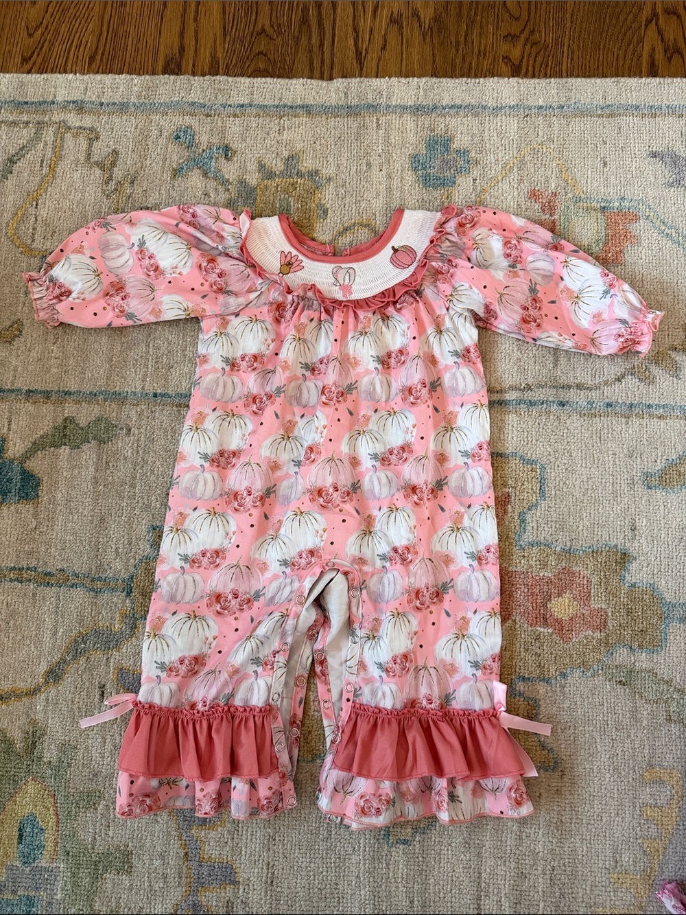 Pink Pumpkin Smocked Print Ruffled Baby Romper